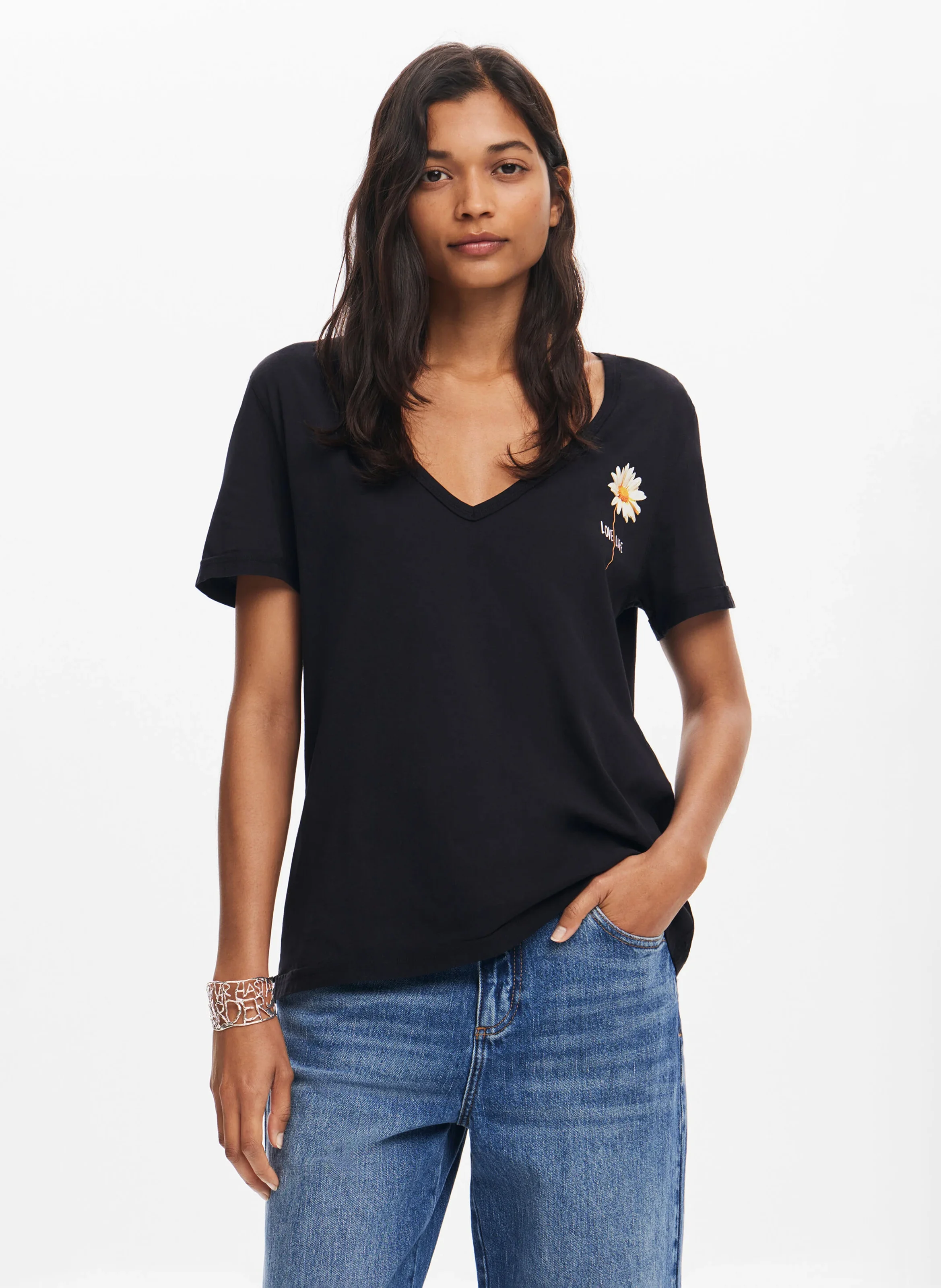 Tee-shirt droit col V en coton sérigraphié | Noir