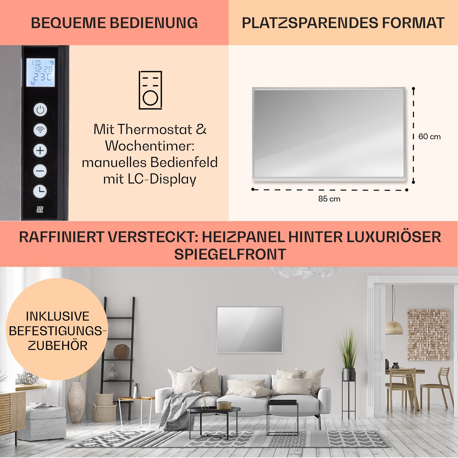La Palma 750 smart 2-in-1 Heizgerät Infrarot Konvektor 85x60cm 750W Spiegelfront