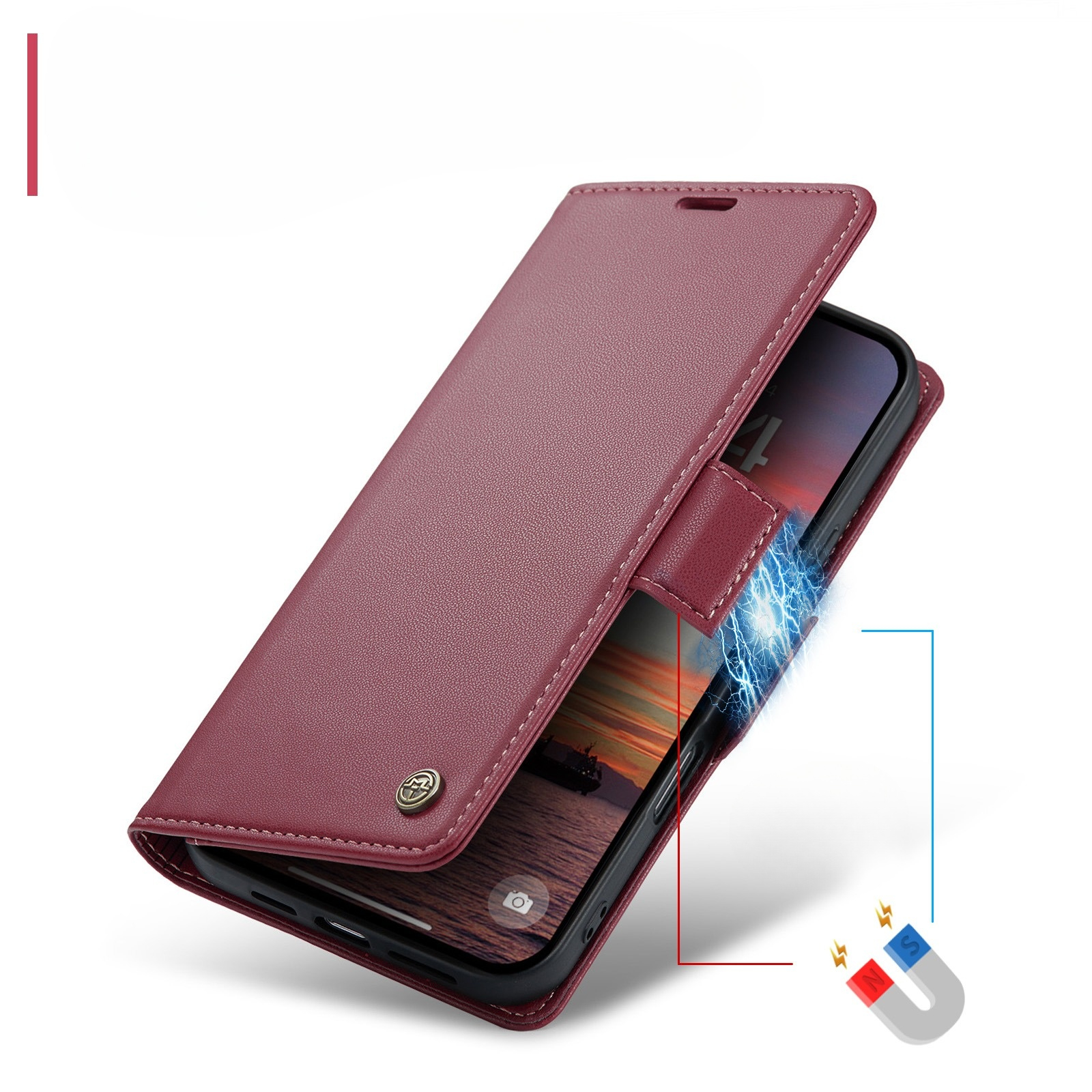 iPhone Air Leder Tasche Flip Wallet Etui mit Kartenfächern Litchi Look (RFID Schutz) - Rot