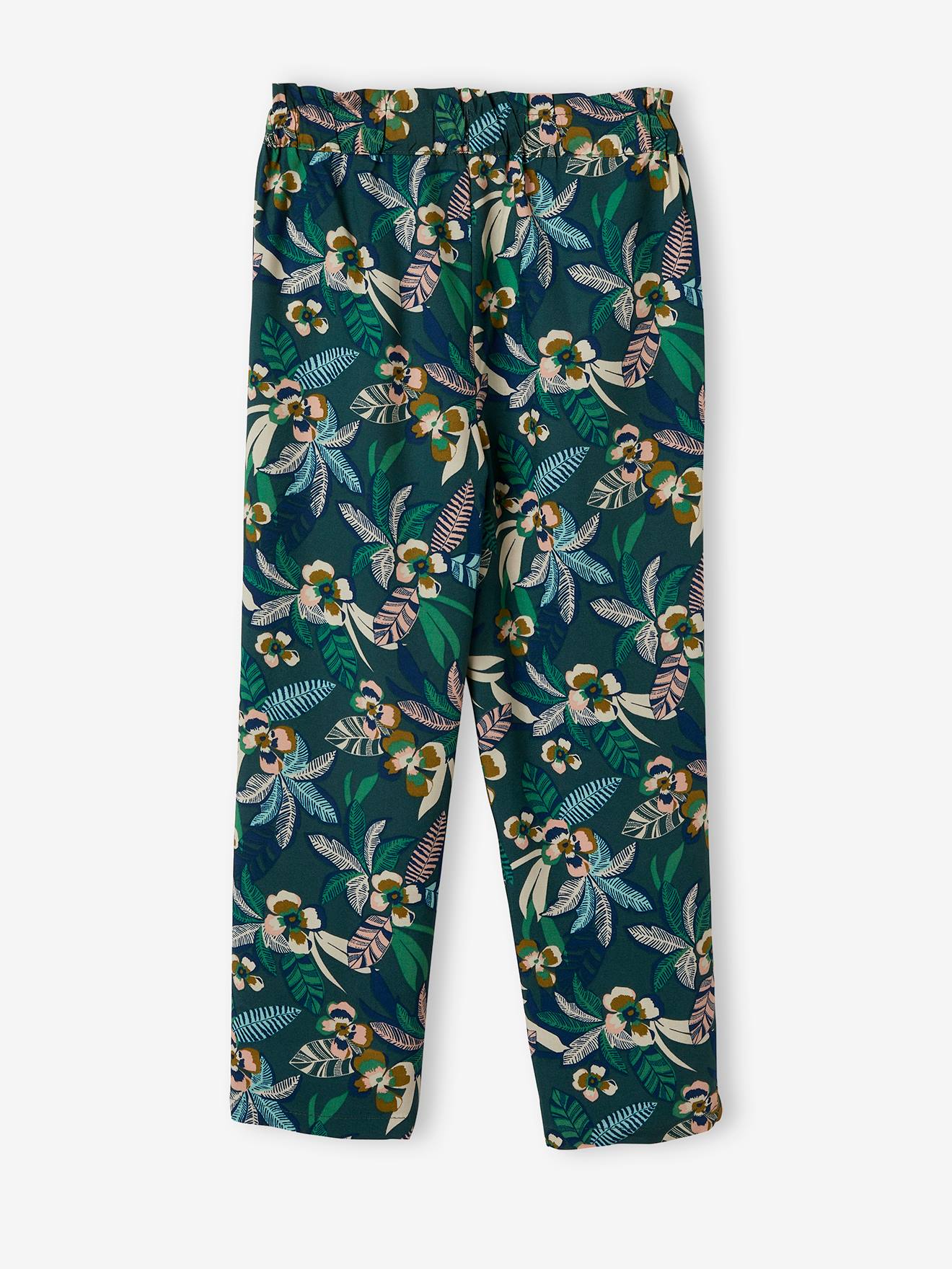 Calças cropped fluidas com estampa floral, para meninas, estampa verde escura.
