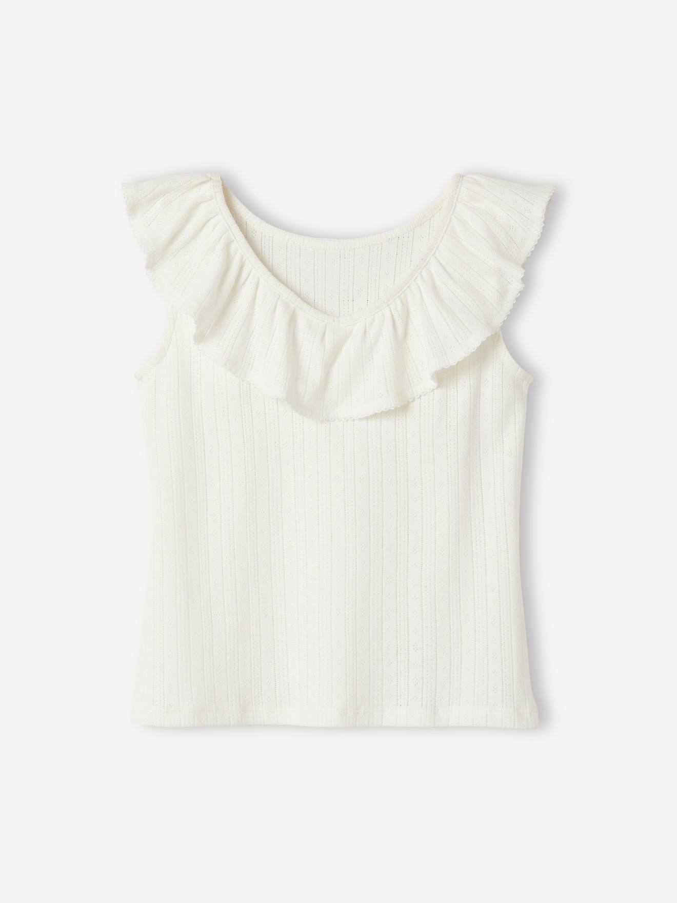 Blusa regata feminina bege em tricô vazado com babados.
