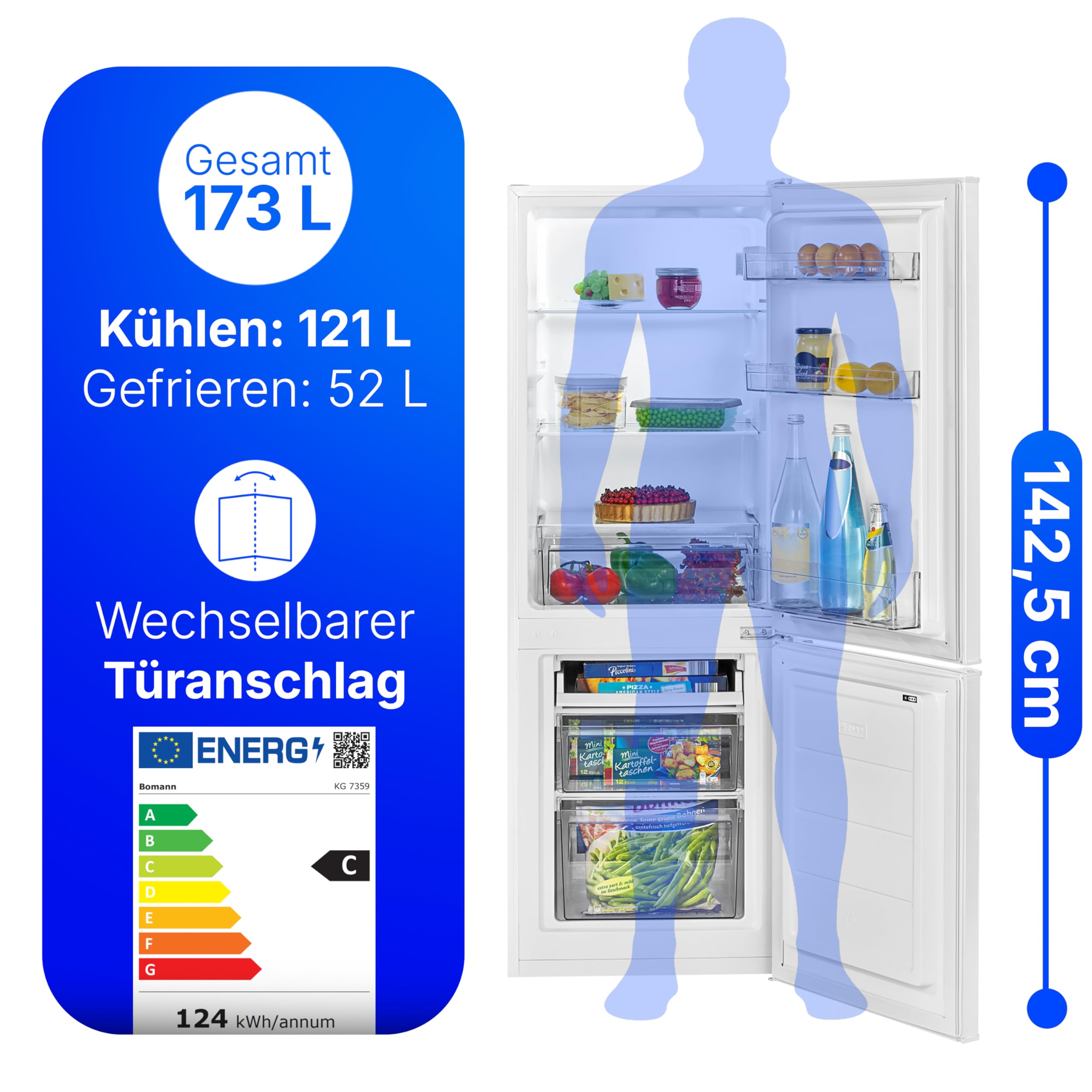 Bomann, KG7359 Réfrigérateur et Congélateur 173L Blanc - 121L Réfrigérateur, 52L Congélateur 4 Étoiles, Éclairage LED, Alarme d'Ouverture, Bac à Légum