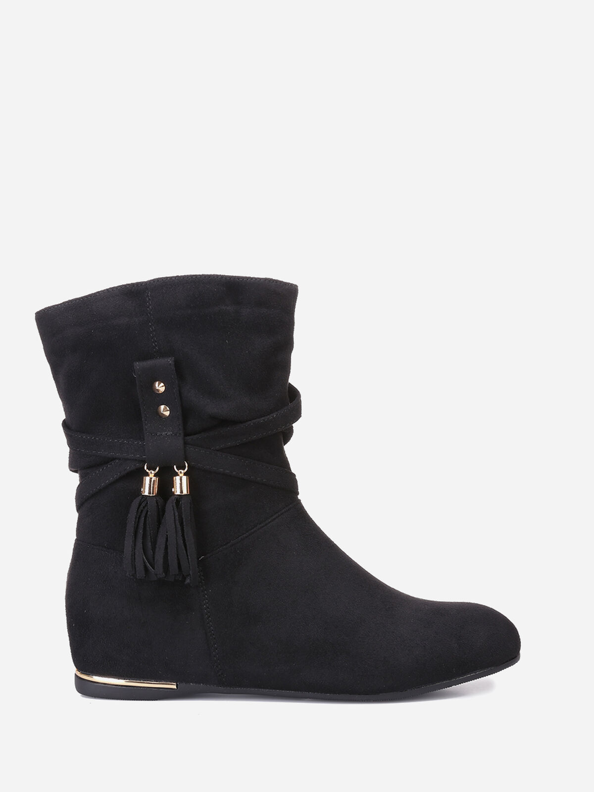 Bottines plissées à talon compensé et pampilles- Noir