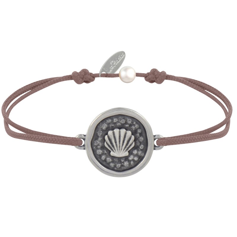 Bracelet Lien Médaille Ronde Laiton Argenté Coquillage - Marron clair