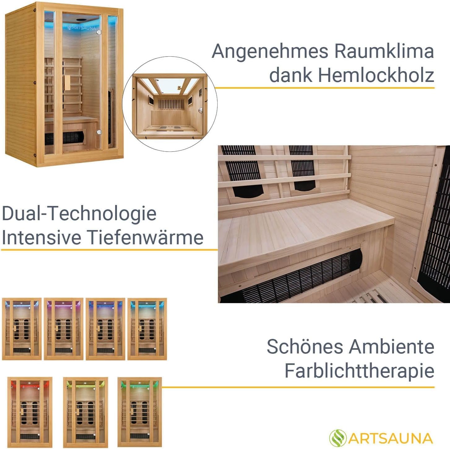 Artsauna Infrarotkabine Nyborg S120K Keramikstrahler & Hemlockholz, 2 Personen, 120 x 105 x 190 cm, LED Farblicht & Glastür, Infrarotsauna Sauna