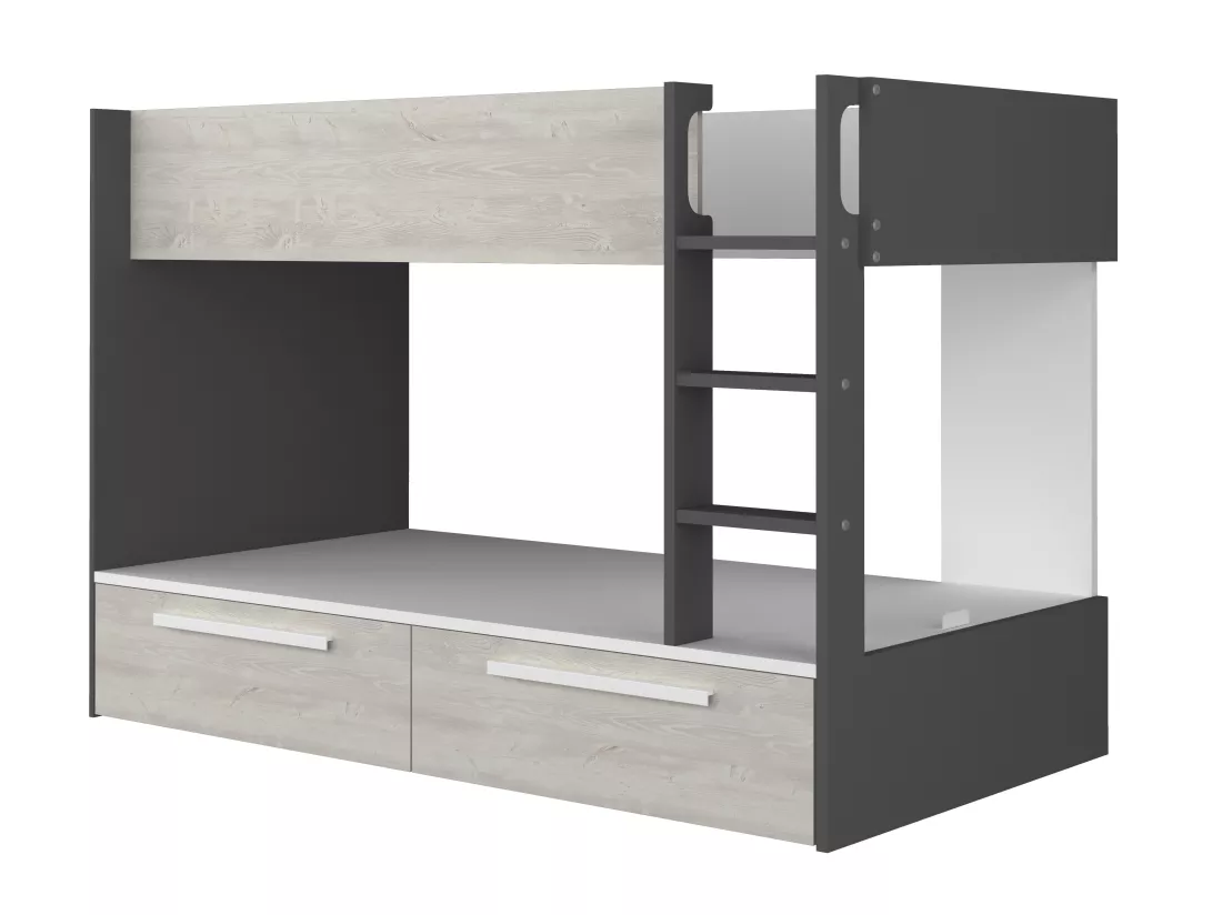 Lits superposés 2 x 90 x 200 cm - 2 tiroirs - Anthracite, naturel et blanc - TINOLI