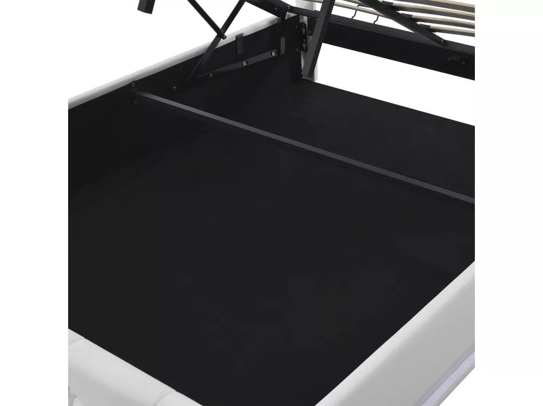 Lit coffre 140x200 cm avec tête de lit carré, éclairage LED et coffre de lit, relevage hydraulique, sommier à lattes, lit adulte style contemporain, simili cuir - Blanc