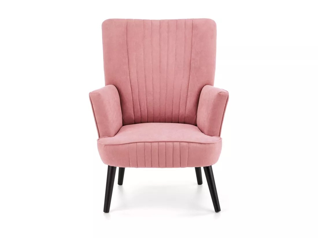 Fauteuil contemporain en velours rose avec haut dossier et pieds noirs en bois massif CYRUS