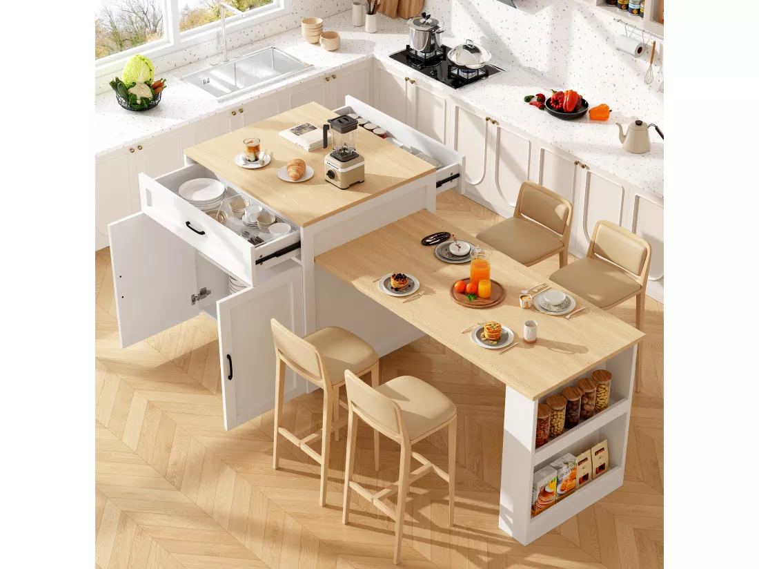 Îlot de cuisine moderne - 133-202 x 70 x 93,5 cm - 2 tiroirs et 2 compartiments pour 2-6 personnes, MDF, Blanc