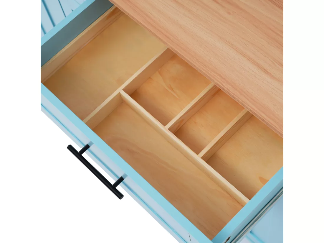 Ilot central de cuisine avec 2 tiroirs - Plateau extensible - pieds en roulettes ou en bois massif - Bleu Ciel