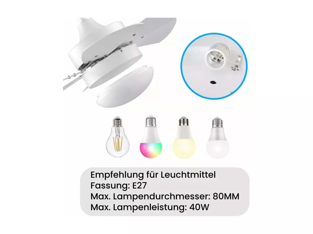 NETTLIFE Ventilateur de plafond blanc avec éclairage, télécommande, silencieux, avec minuterie, 6 pales, pour chambre à coucher