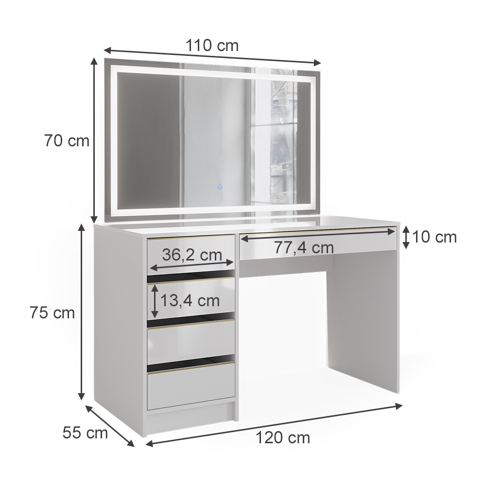 Vicco Schminktisch Sherry Weiß Hochglanz Gold 120 x 75 cm 5 Schubladen LED-Spiegel
