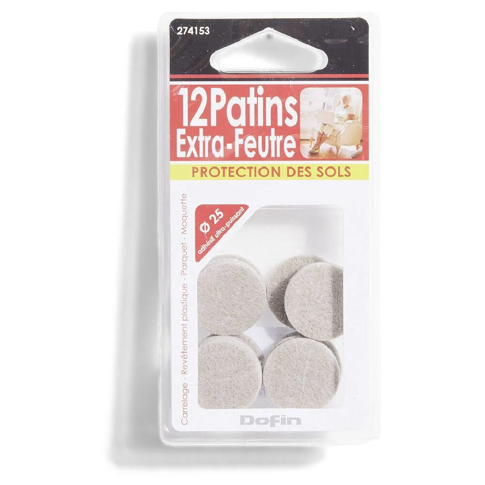 Lot de 12 patins en feutre adhésif ultra puissant beige - Ø25 mm
