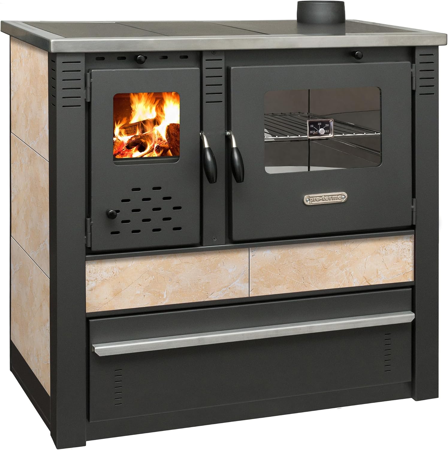 ProTermo Kaminofen Panonia in Beige mit Abzug rechts - 10,54 kW Heizleistung - 90x51x85 cm Holzofen mit Backfach, Thermometer und Herdplatte - ohne selbstschließender Tür - Bauart 2