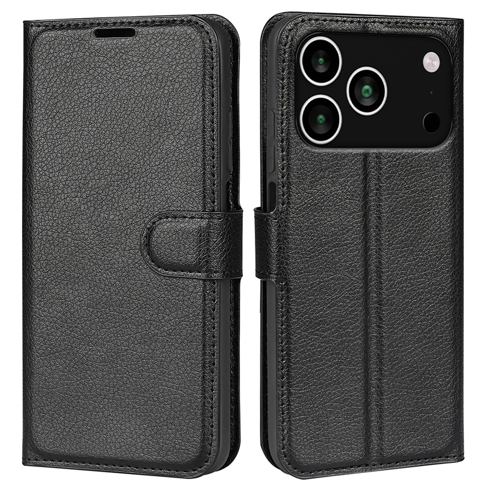 iPhone 17 Pro Max Leder Tasche Flip Cover Litchi Look - Schwarz