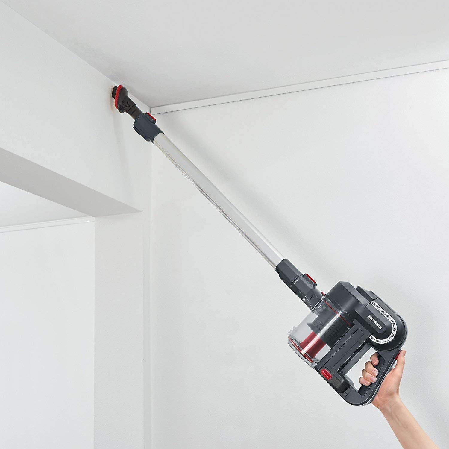 Severin Beutelloser Hand- und Stielsauger mit Elektrobürste und Digitalmotor, 22,2 V Lithium-Ionen Akku, S´Power topspin Li 30, grau/rot, HV 7165