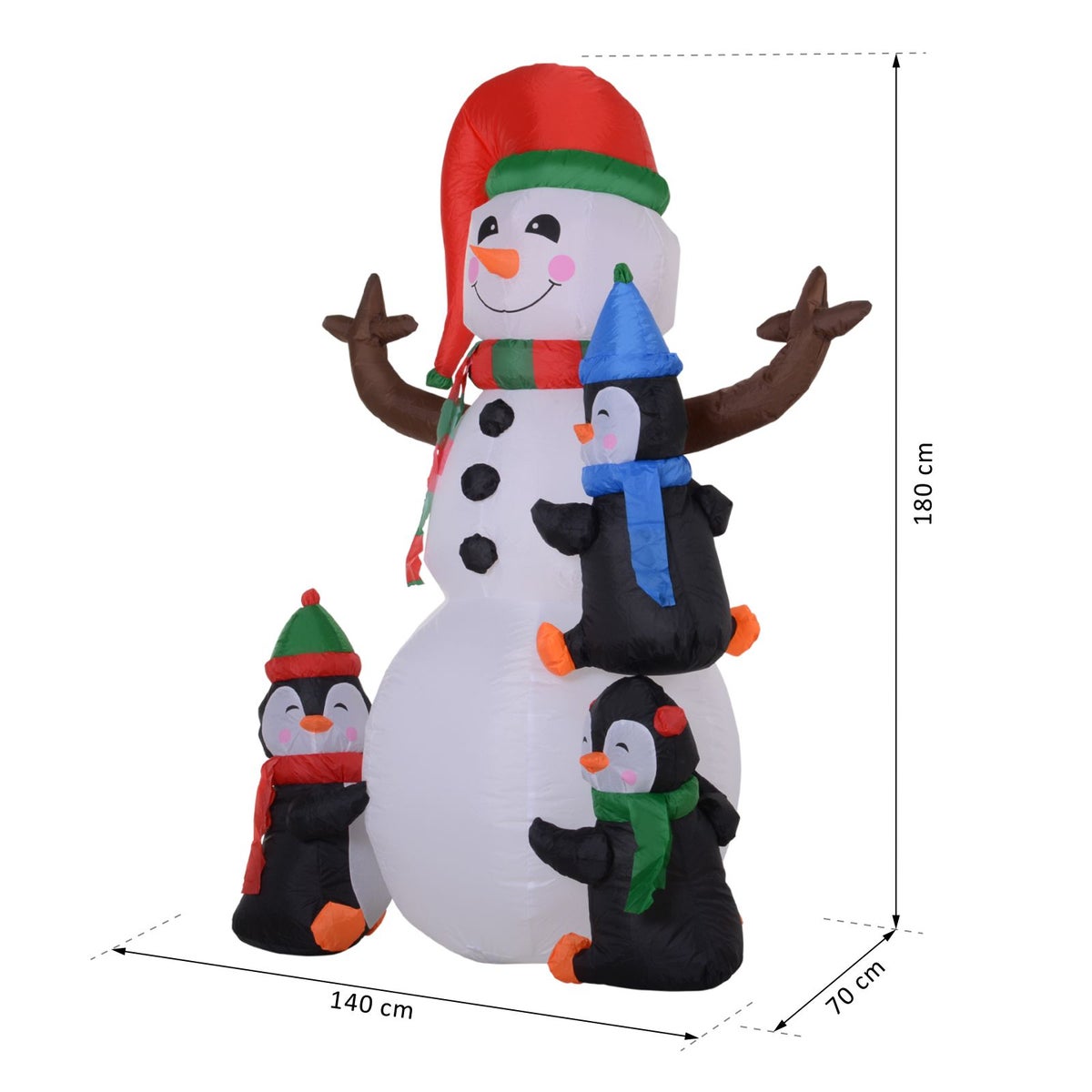 HOMCOM Opblaasbare kerstsneeuwpop met 3 pinguïns, LED's, 140 x 70 x 180 cm, polyester, veelkleurig