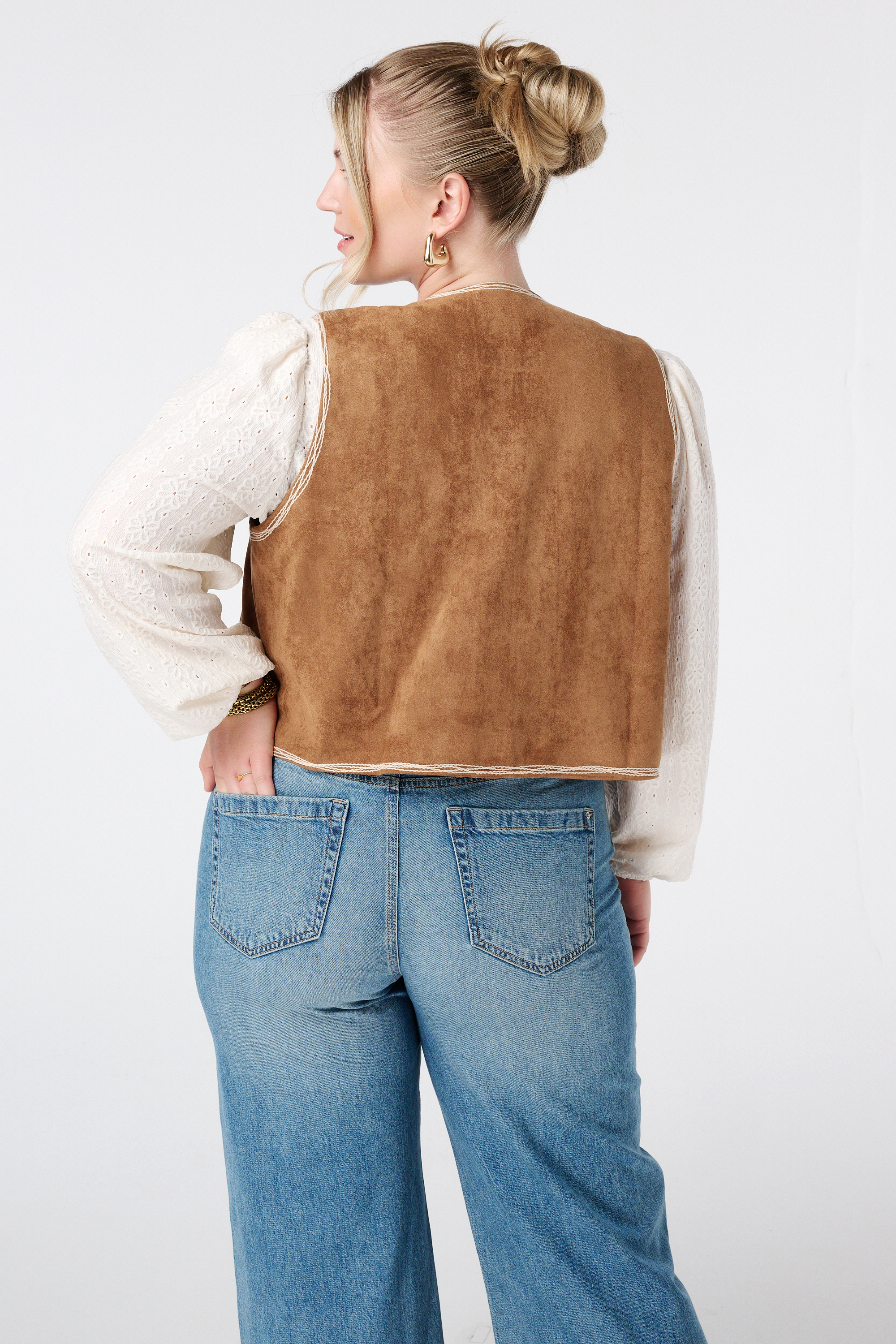 Suèdine gilet met broderie Cognac