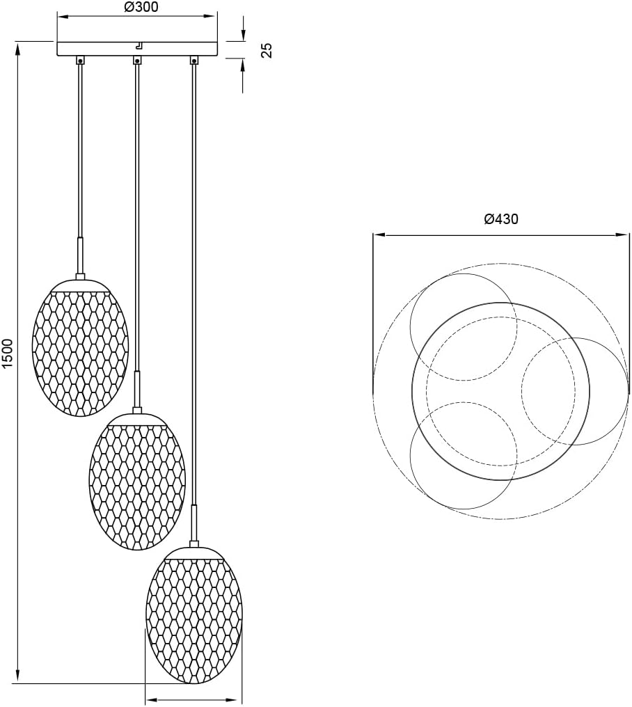 meineWunschleuchte Cluster Pendelleuchte 3-flammig mit farbigen Glasschirmen oval Ø 43cm