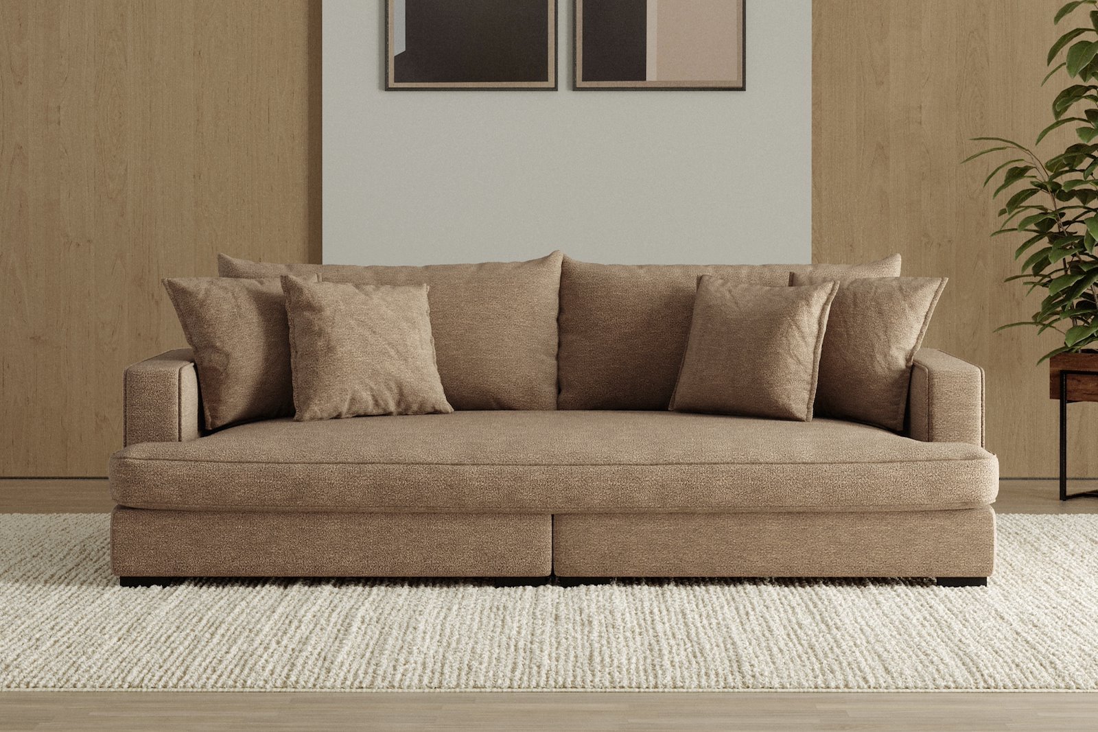 Rossi 3-seter sofa (1 setepute) Tekstil Beatto 1012 Brown, arm A med sorte ben. Std. Komfort.