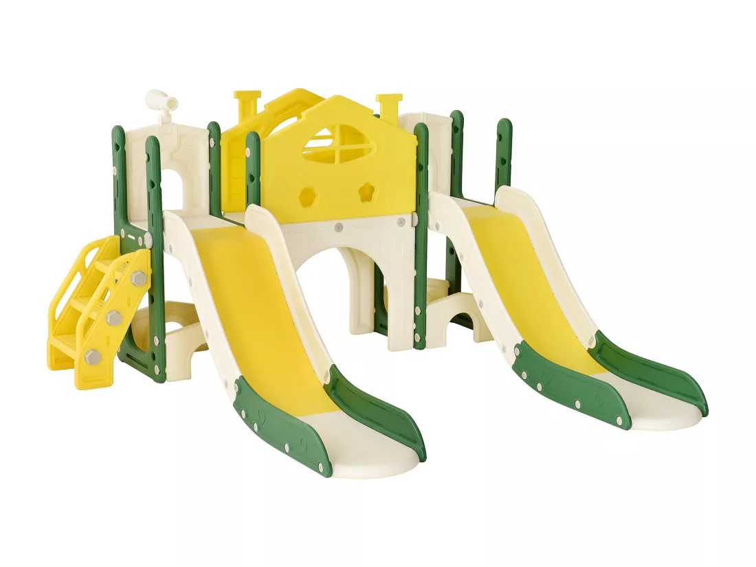 Toboggan pour enfants, aire de jeux pour enfants 7 en 1, tour de jeu amusante avec échelle d'escalade, deux toboggans, télescope et plus encore