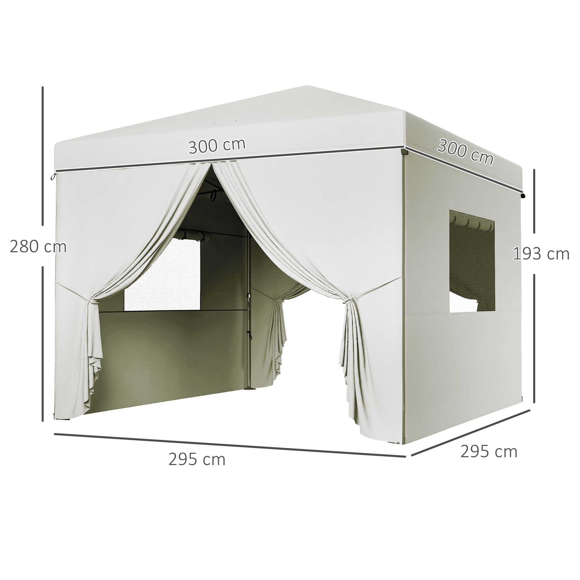 Tenda dobrável Outsunny 3x3m, gazebo de jardim com 4 paredes laterais, 2 janelas de tela, altura ajustável, bolsa de transporte, impermeável e resistente aos raios UV para acampamentos e festas, branca.