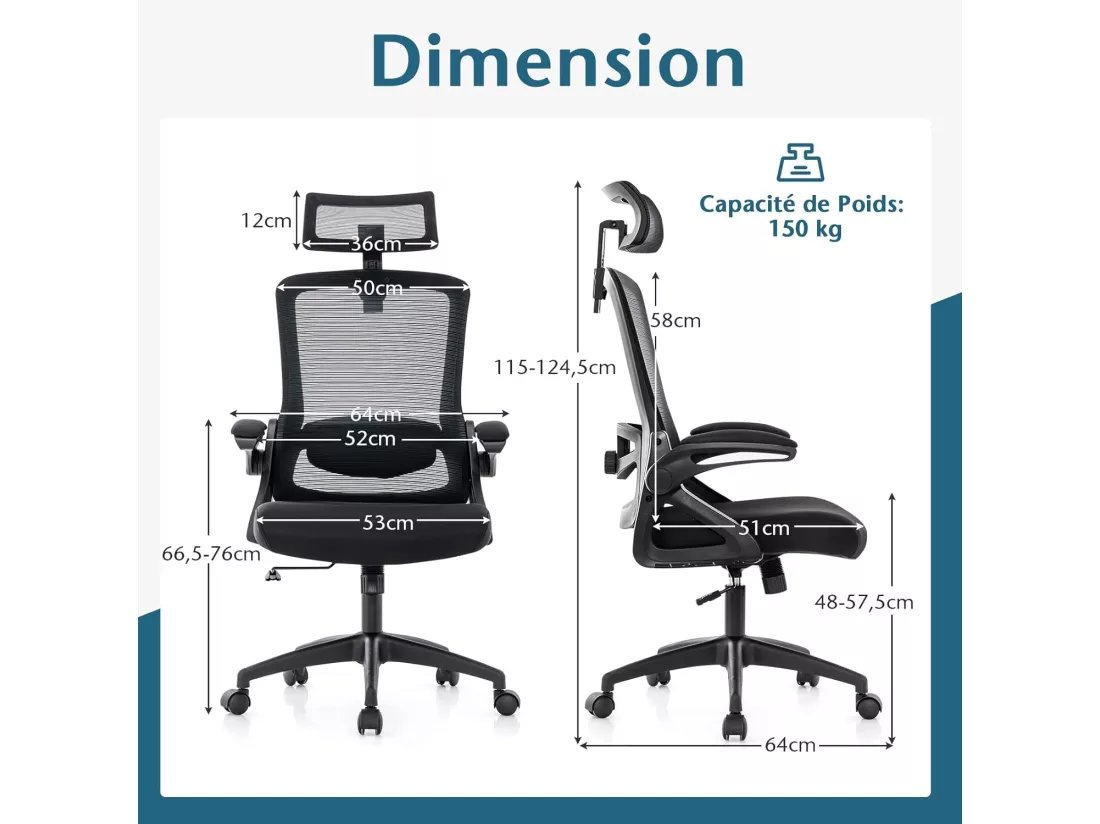 Chaise de Bureau Ergonomique, Chaise Pivotante avec Soutien Lombaire Ajustable & Dossier Basculant en Maille, Chaise d’Ordinateur avec Appuie-tête Ajustable et Accoudoirs Rabattables (Noir)