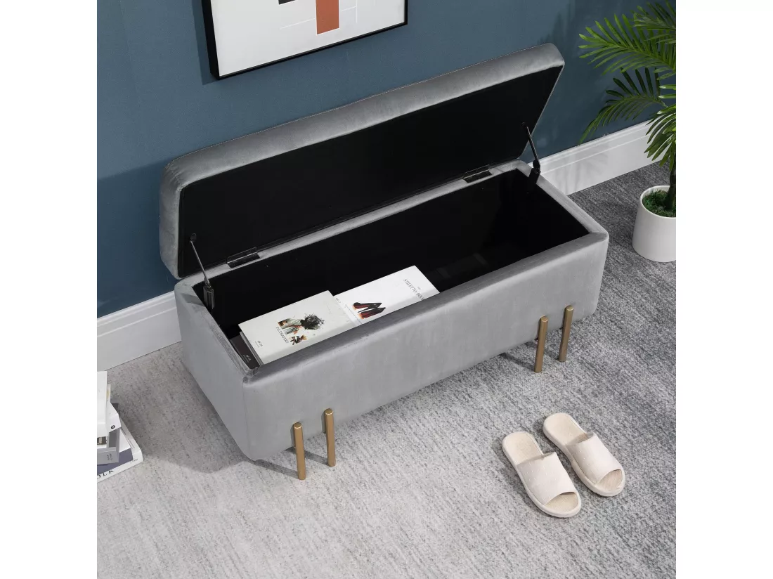 HOMCOM Grand pouf coffre de rangement design contemporain- banc avec espace de rangement - dim. 100L x 40l x 42H cm - velours gris clair piètement métal doré