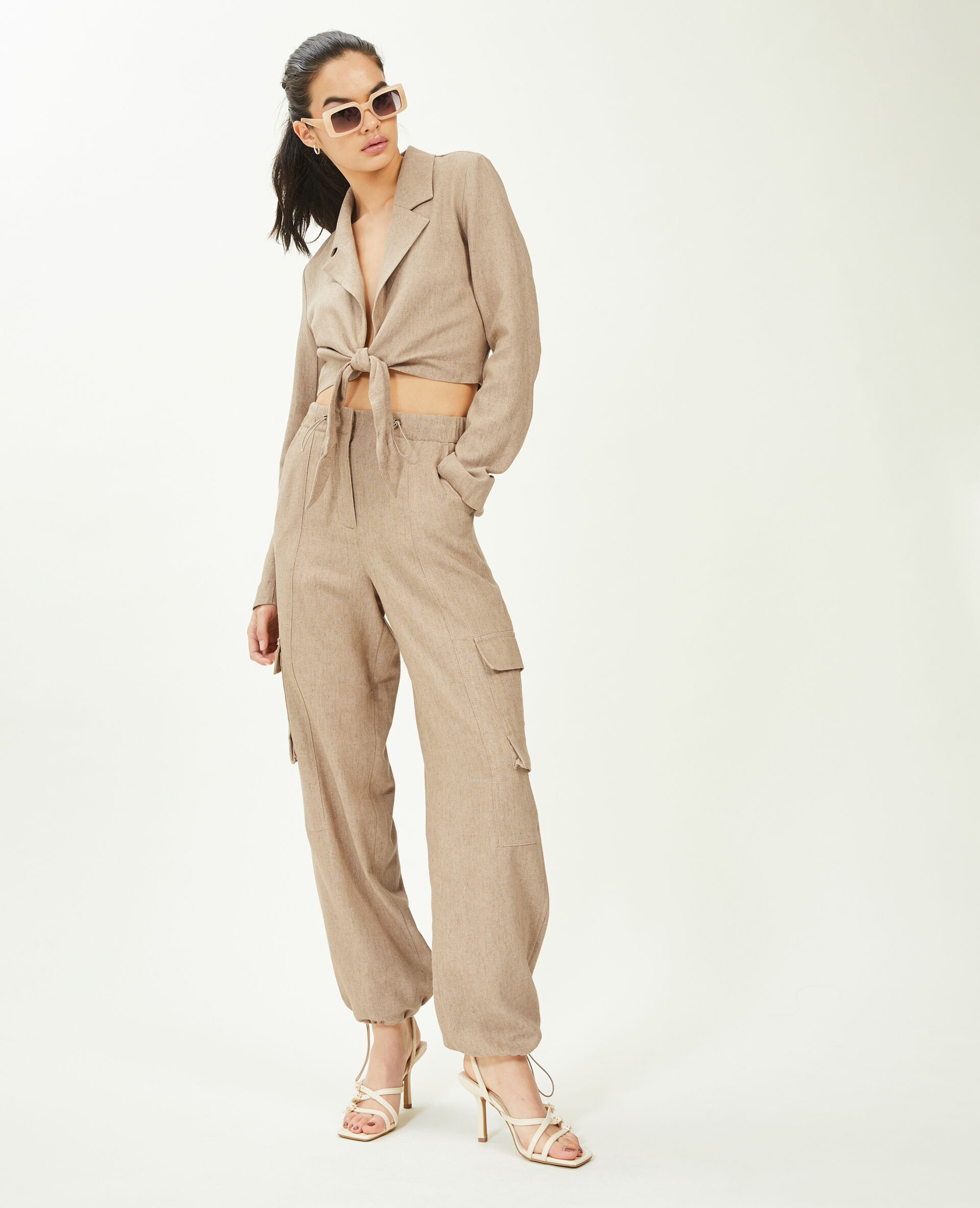 Veste blazer courte à nouer avec lin - Beige