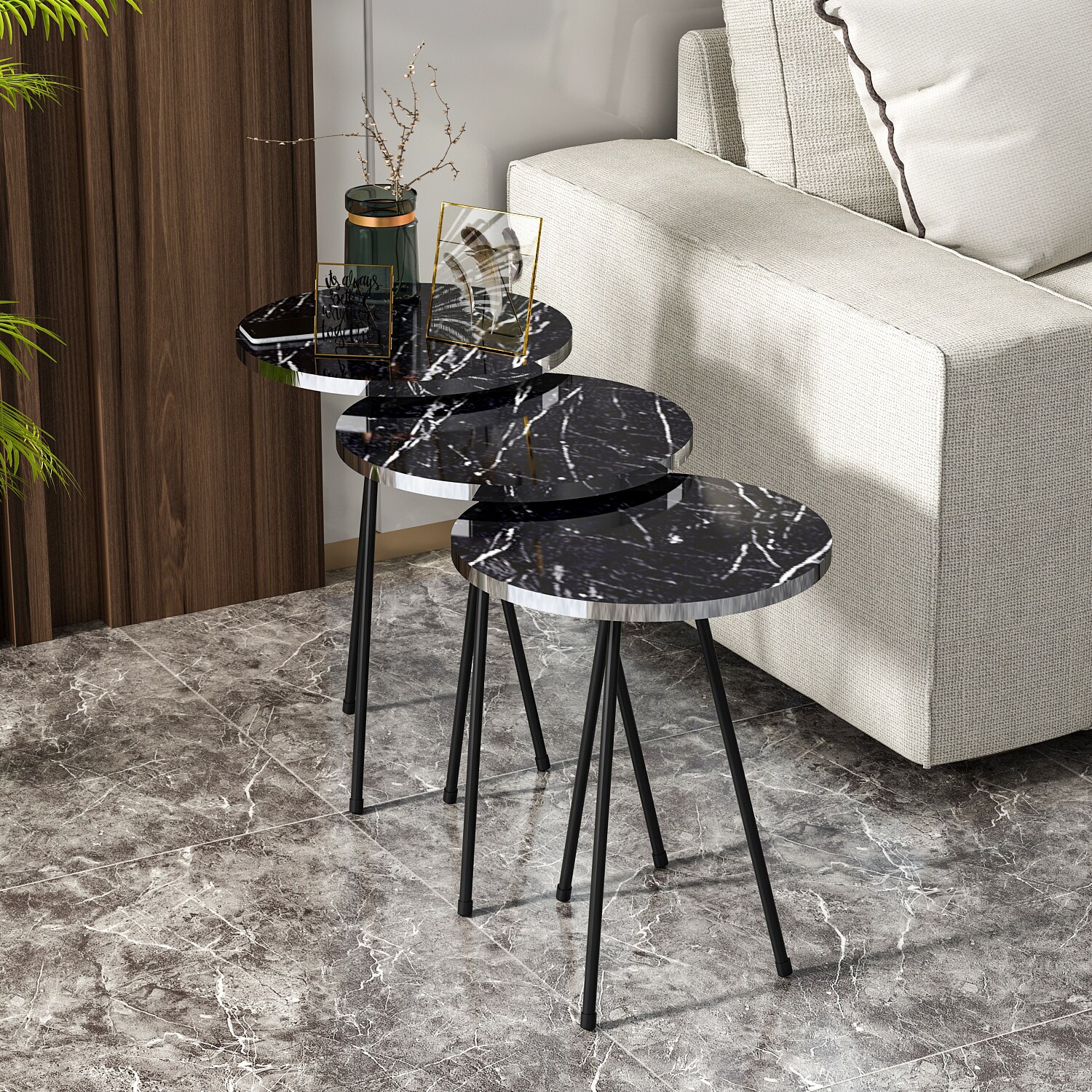 Beistelltisch 3er Set Marmoroptik Schwarz 21816184