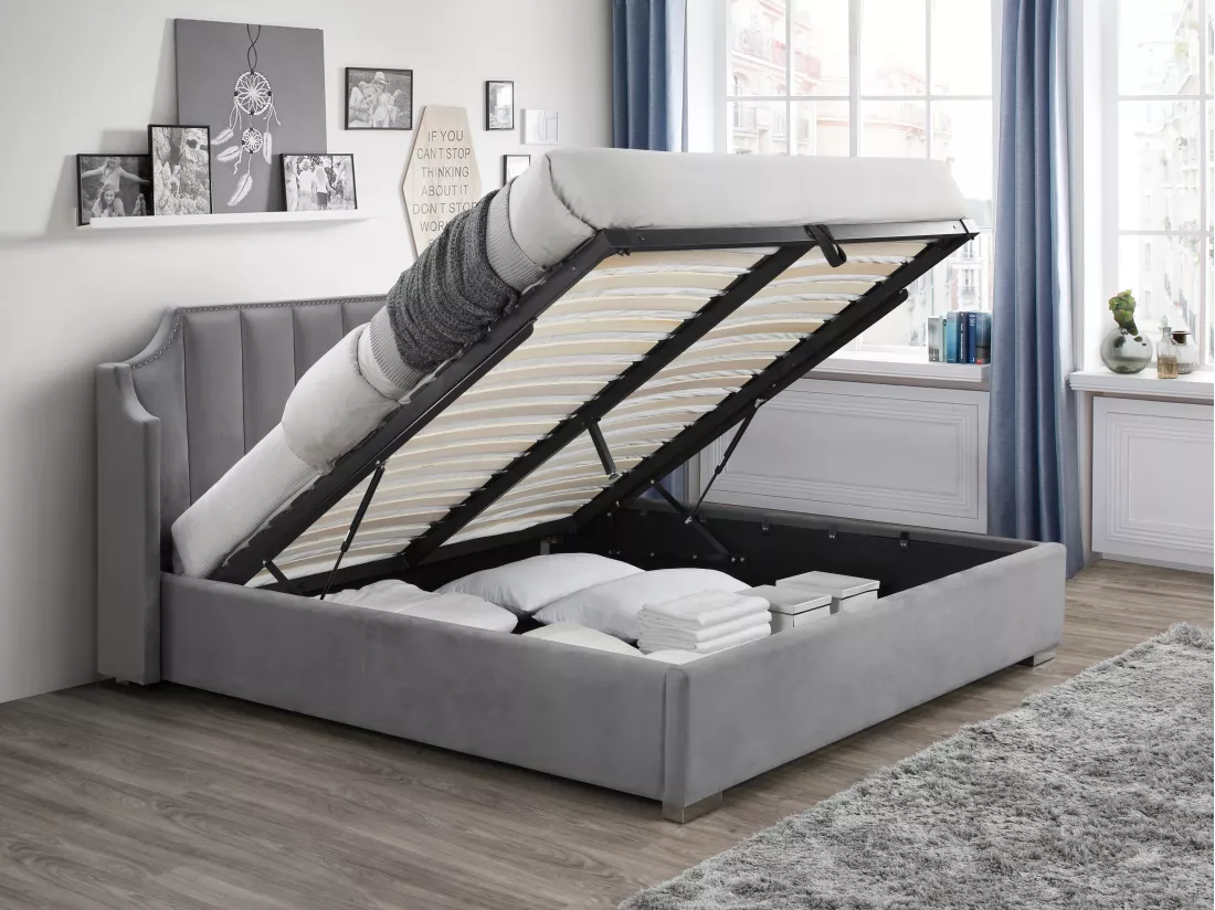 Lit coffre 140 x 190 cm avec tête de lit incurvée - Velours - Gris clair - TEOMIS