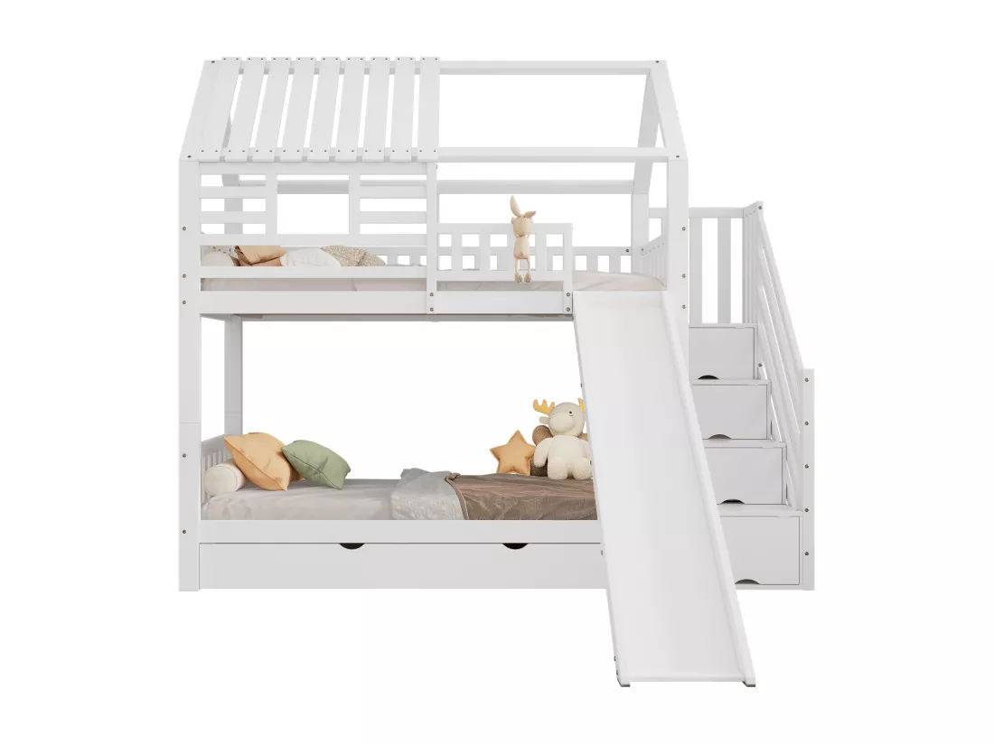 Lit superposé 90x200cm en bois et MDF - avec toboggan et escalier de rangement - un grand tiroir sous le lit - Blanc