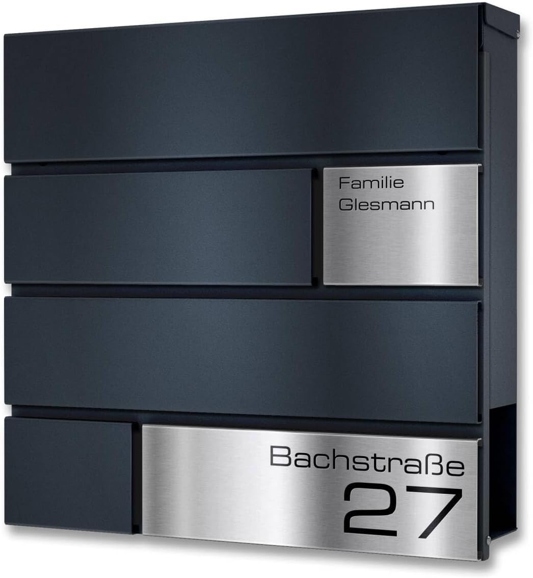 Metzler Briefkasten in Anthrazit Modell G - Pulverbeschichtung in RAL 7016 Feinstruktur Matt - Postkasten mit Gravur und Edelstahl Namensschild - Zur Wand-Montage - Größe: 37 x 37 x 10,5 cm