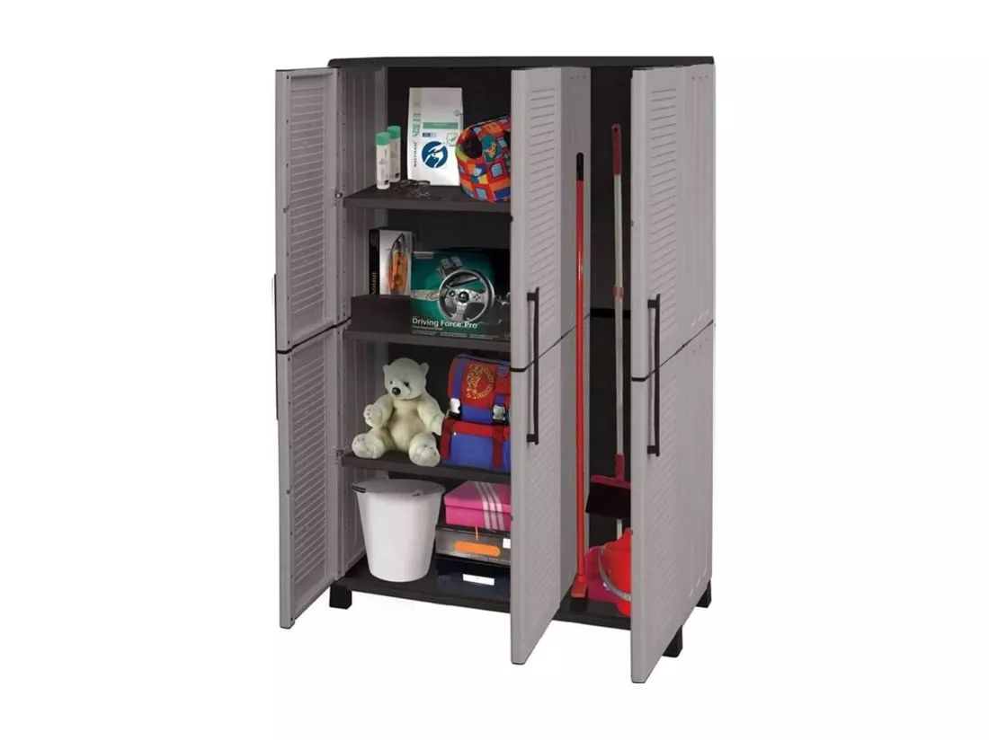 Armoire d'extérieur Nandrin, Armoire porte-balai, Armoire d'extérieur 3 portes, 100% Made in Italy, 102x37h169 cm, Gris clair et noir, Finition rayée