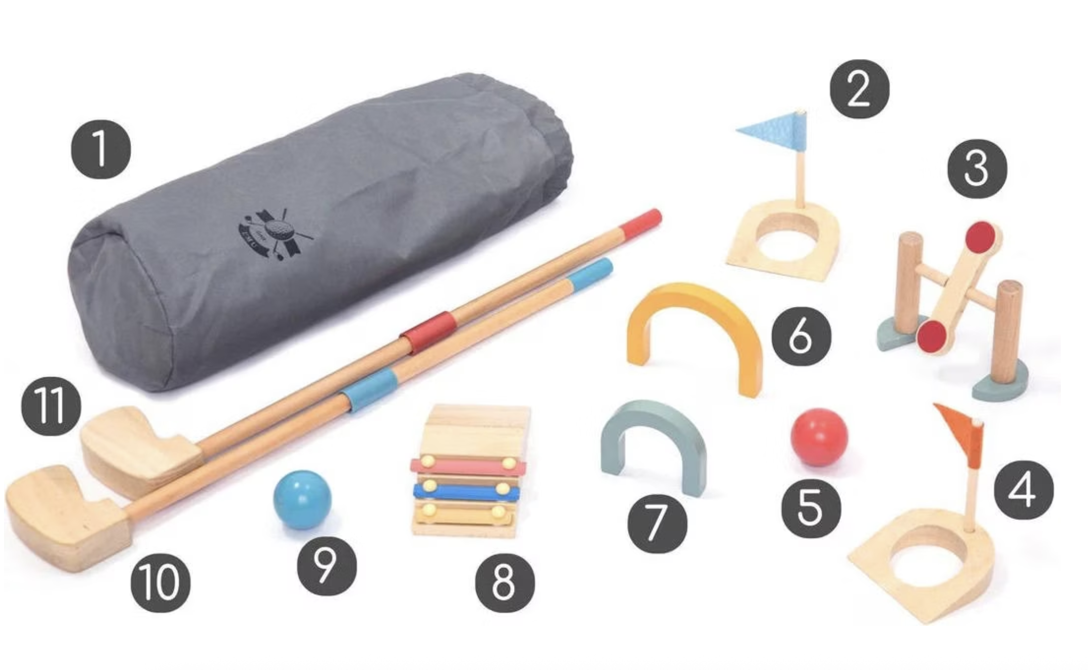 (11-tlg. Set) Holz Kinder Minigolf Spielzeug Zubehör Lern Spielset (UM1353) - Bunt