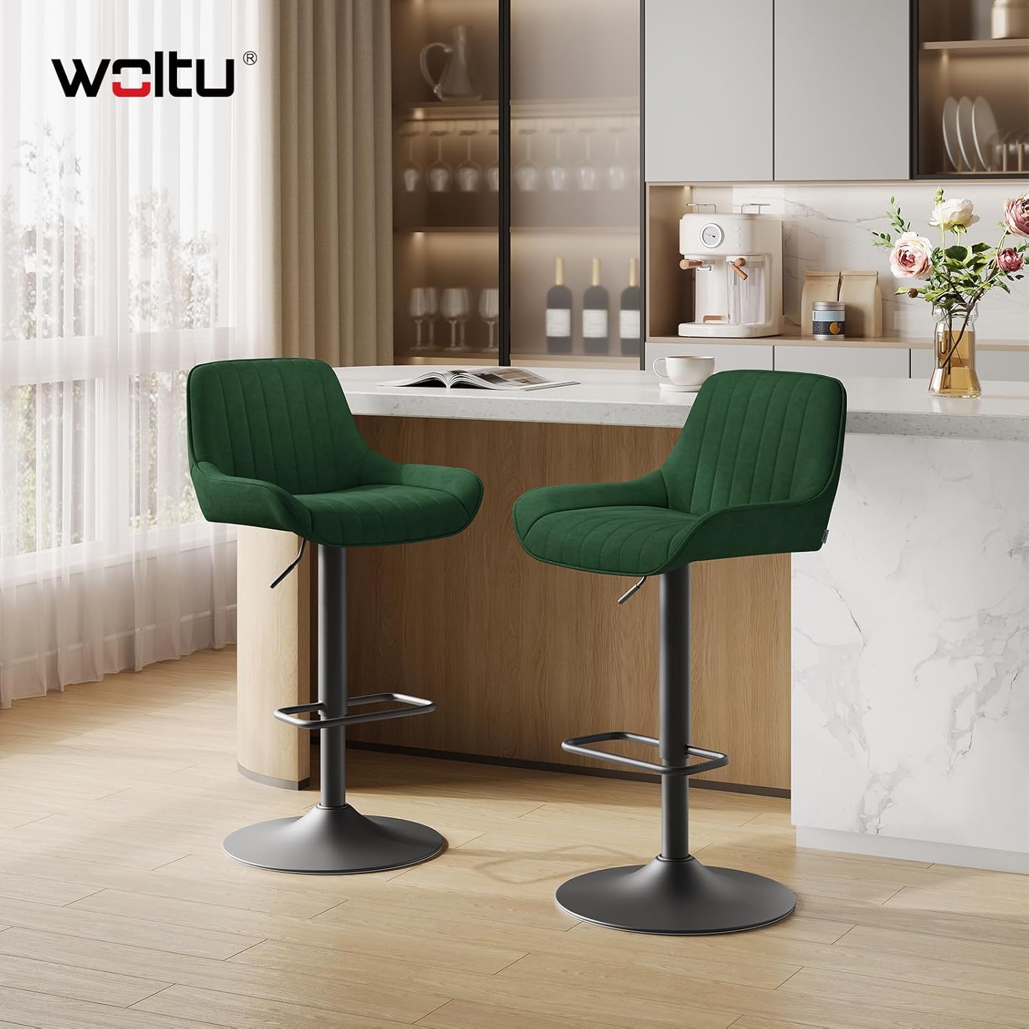 WOLTU Barhocker 2er Set, Höhenverstellbar und 360° Drehbar, Barstuhl mit Rückenlehne und Fußstütze, für Küche Bar Esszimmer, Milchzarter Plüsch, Dunkelgrün