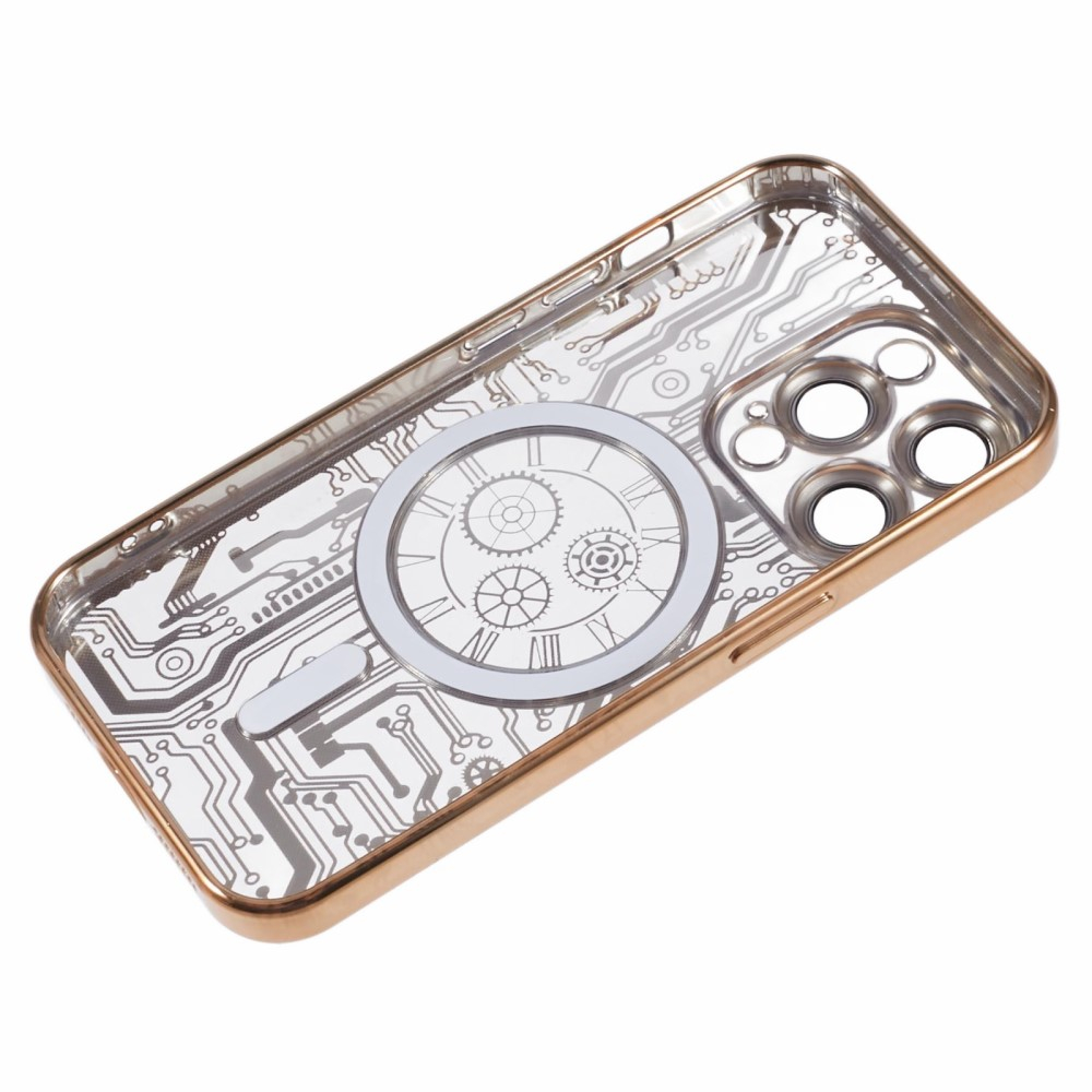 iPhone 15 Pro Max MagSafe Gummi Case Hülle Galvanisierter Rahmen im Mechanischen Zahnrad Design   Kameraglasschutz - Gold