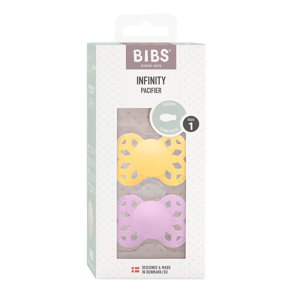 BIBS Infinity Symmetrisk Silicone Pale Butter/Violet Sky 2 pak - flere størrelser
