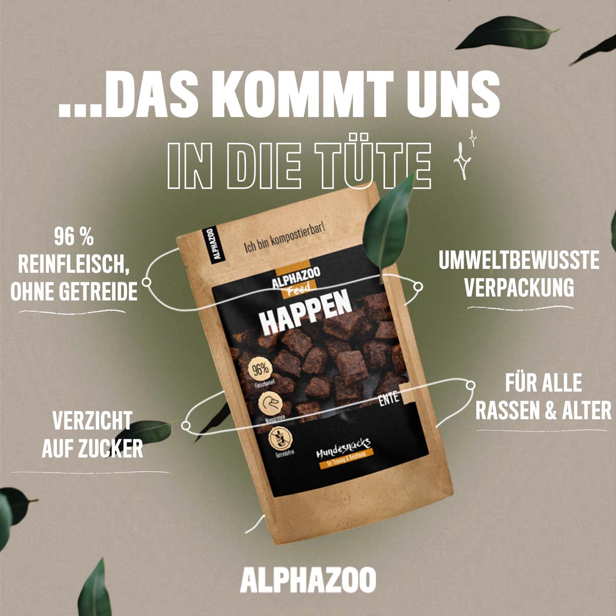 ALPHAZOO Duck Bites 200g voor honden | Grote hondensnacks | Graanvrij en natuurlijk