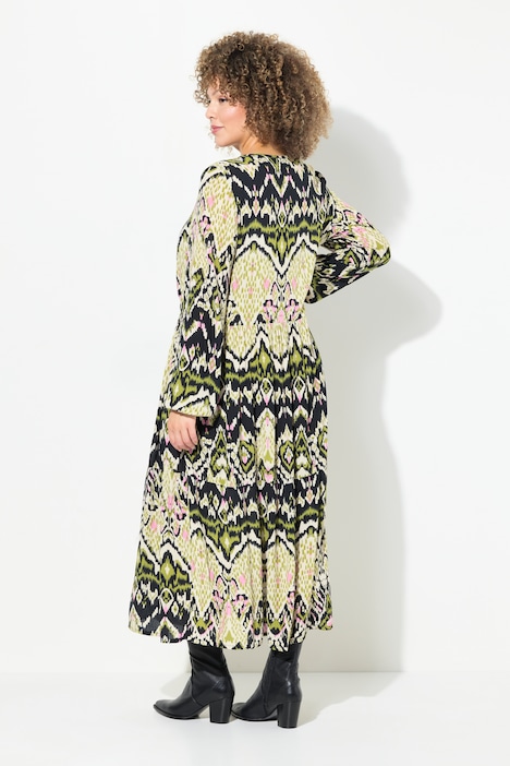 Midikleid, gesmokt, A-Linie, Rundhals, Langarm