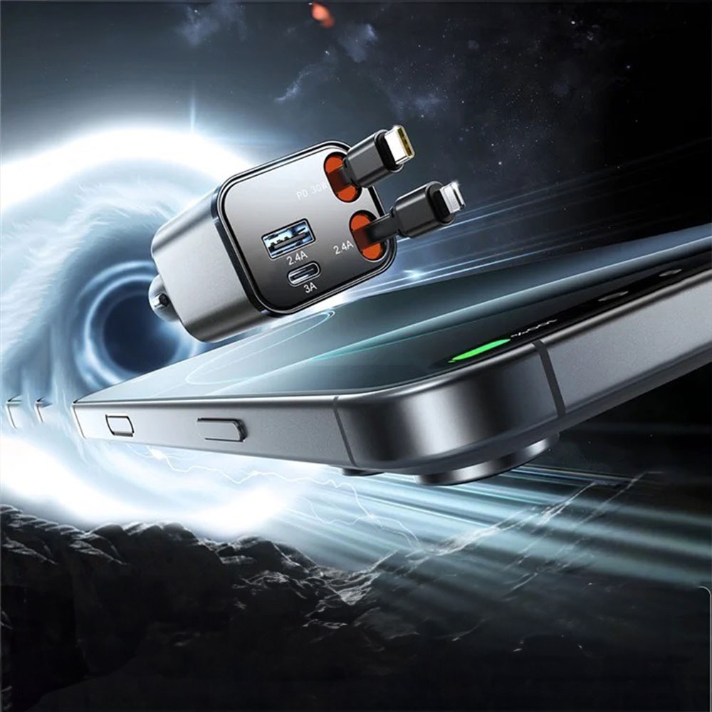 (65W) USB C / USB A Auto KFZ Ladegerät Netzteil PD 3.0 / QC 3.0 mit Ausziehbares USB C / Lightning Ladekabel - Silber / Schwarz