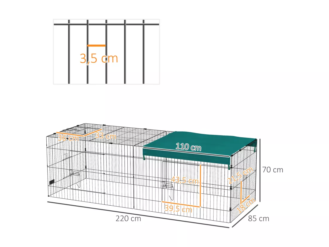 Parc enclos petits animaux - 2 portes, 3 trappes nourrissages, zone couverte - acier noir polyester vert