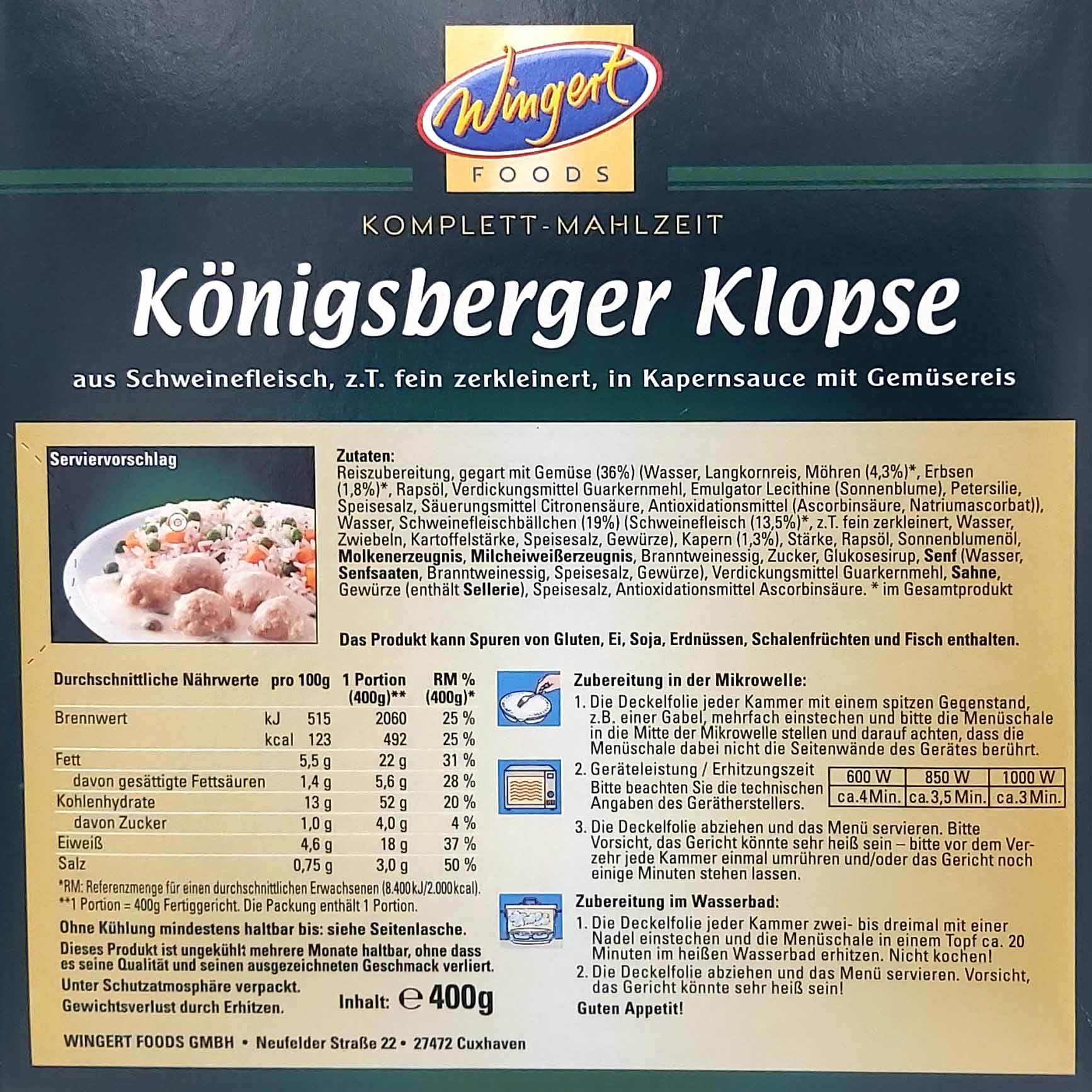 Wingert Fertiggericht Königsberger Klopse in Kapersauce mit Gemüsereis 400g MHD:23.12.25