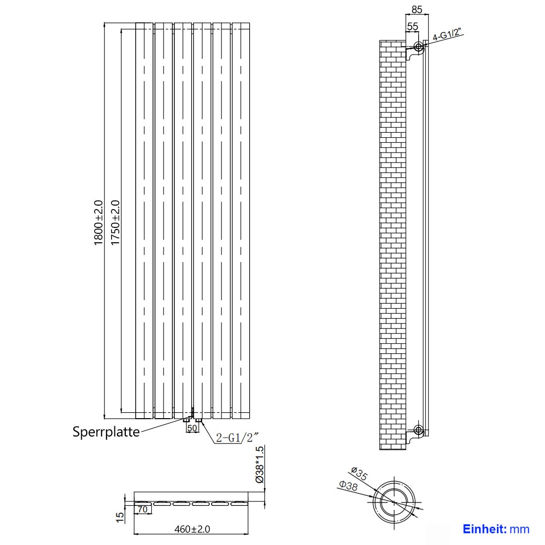 EMKE Flat Radiator, Design Paneelradiator, Verticaal, Enkellaags, Middenaansluiting, 180x46cm, 948W, Wit