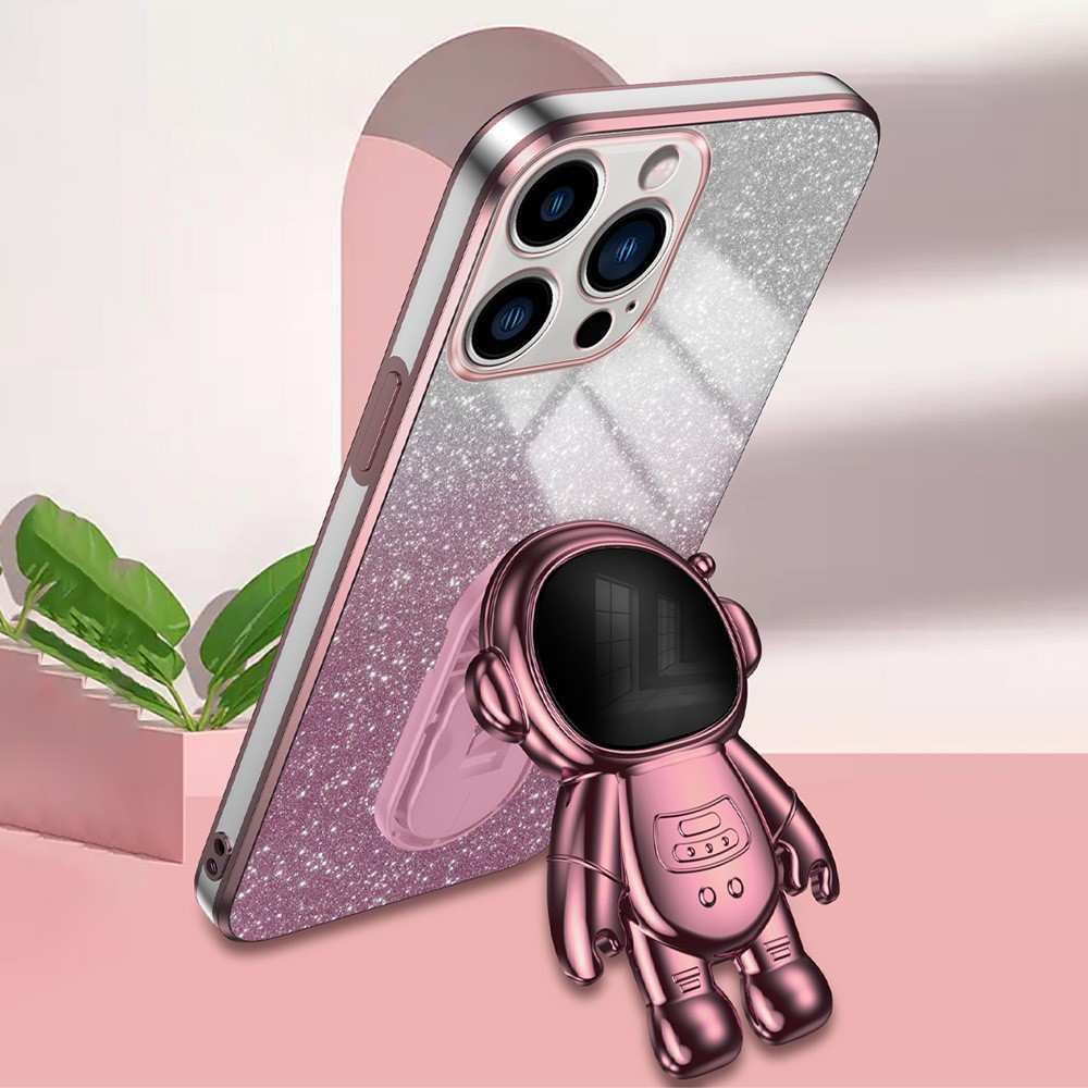 iPhone 15 Pro Hybrid Hardcase Glitzer Hülle   Astronauten Kickstand Aufsteller   Kameraschutz - Rosa / Silber