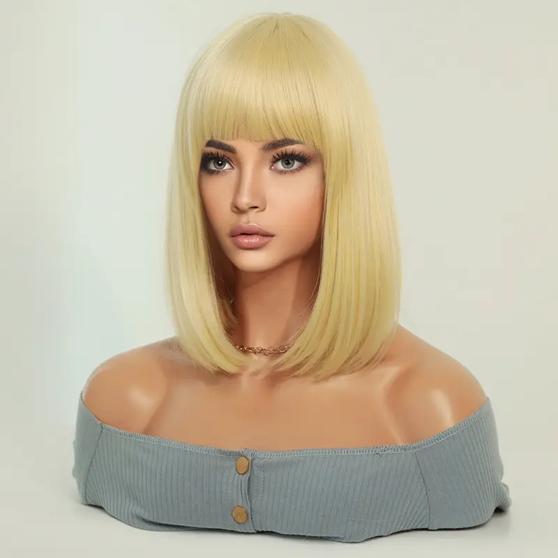 (36cm) Long Bob Perücke mit Pony Fasnacht Kostüm Zubehör Motto Party / Halloween Accessoire inkl. Haarnetz - Blond
