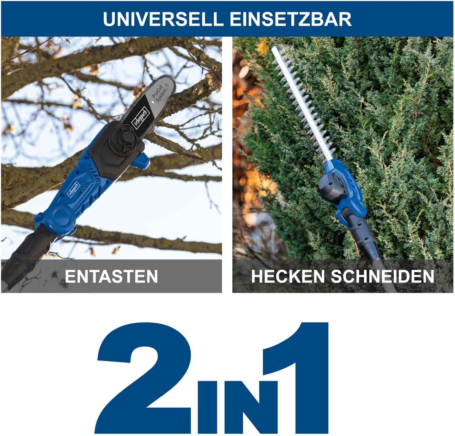 Scheppach Akku Multifunktionsgerät C-PHTS410-X 2in1 | Schnittlänge Heckenschere & Hochentaster 410/180mm | Schultergurt & Teleskopstange | 20V-IXES-Serie | 10 Jahre Garantie | mit 4Ah Akku & Ladegerät