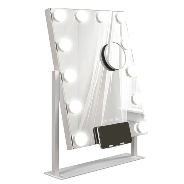 Hollywood-speil med belysning, 12 LED, 37 x 46 cm, 3 lysfarger, 10X forstørrelse, 360° roterbar, USB-ladeport, hvit