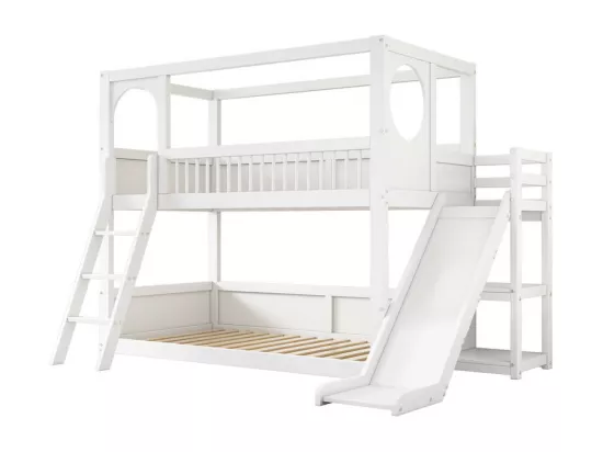 Lits pour enfants superposés 2 x 90 x 200 cm - lit cabane avec toboggan - Pin - charge max 150kg - Blanc