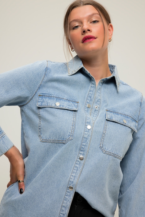 Jeanshemd, Loose Fit, Kragen mit Glitzersteinchen, Langarm